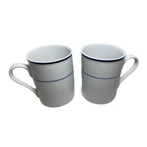 Crate & Barrel Porcelain Striped 12 oz Coffee Mug White w Blue Stripes